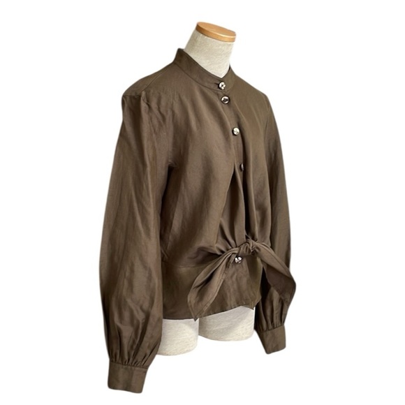 ESCADA Blouse Top Shirt Brown Linen Silk Button Front Tie Peplum Size Small - Picture 3 of 16